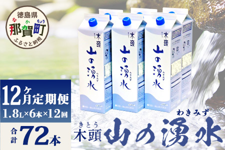 【定期便12回】《5年保存水》山の湧水(天然ミネラルウォーター)1.8L×6本×12回 計72本【徳島県 那賀町 国産 天然水 天然 みず 水 ミネラルウォーター わき水 湧き水 1800ml 飲料水 備蓄 備蓄水 非常用 防災 災害 支援 紙パック 長期保存 防災グッズ 災害対策】KM-9