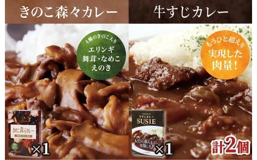 E510【ごろごろ具だくさん！】ポストにお届け！ きのこ森々カレー･牛すじカレー SUSIEセット【長崎豊味館】簡単 レトルト カレー 牛すじ きのこ 長崎  防災食 非常食
