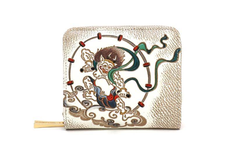 【文庫屋大関】二つ折りファスナーミニ財布 風神雷神【皮革工芸品】財布 二つ折り 小物 お札 カード 小銭 コンパクト 牛革 手作り 日本製 墨田区 東京都