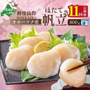  【 年11回 ホタテ定期便 】 11ヶ月 連続 定期  オホーツク 産 ホタテ 大 冷凍 800g×11ヵ月 / 全11回 （be023-1196-100-11）  （ ほたて ホタテ 帆立 貝柱 北海道 人気 ふるさと納税 ）