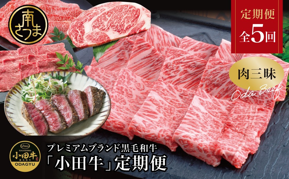 
                  【全5回】プレミアムブランド「小田牛」定期便［肉三昧］ 鹿児島県産 黒毛和牛 ステーキ リブステーキ すき焼き 焼肉 BBQ カタロース カルビ モモ  冷凍 小田畜産 南さつま市
                