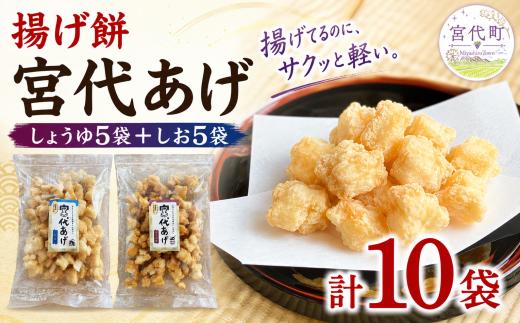 揚げ餅 宮代あげ セット 醤油＆塩 10袋 | あげもち お取り寄せ 人気 米菓 おすすめ おせんべい おやつ 和スナック 軽い 米油 国産もち米 おかき 手作り サクサク 食感 醤油味 塩味 素材の味 昔ながら お土産 名物 手土産 常温 保存 宮代もち処 埼玉県 宮代町