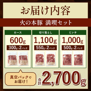 【定期便12回】火の本豚 満喫セット（ロース、切り落とし、ミンチ） 2700g | 熊本県 和水町 くまもと なごみまち 豚肉 肉 ロース 豚ロース 300g 切り落とし ウデモモ 550g ミンチ 
