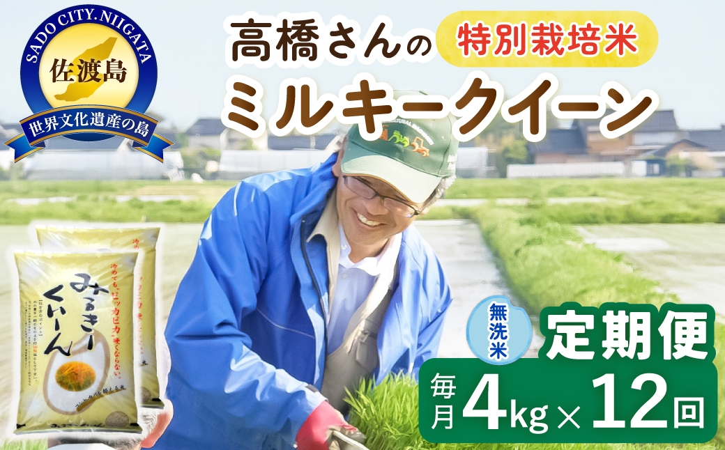 
                  【定期便 令和8年産新米 12か月】 佐渡島産ミルキークイーン 無洗米 4Kg(2kg×2袋） 令和8年産新米 特別栽培米 高橋農園 | 新潟県産ミルキークイーン 佐渡産ミルキークイーン ミルキークイーン お米 米 無洗米 むせんまい 精米 おこめ コメ 4キロ にいがた さど 新潟県 佐渡市
                