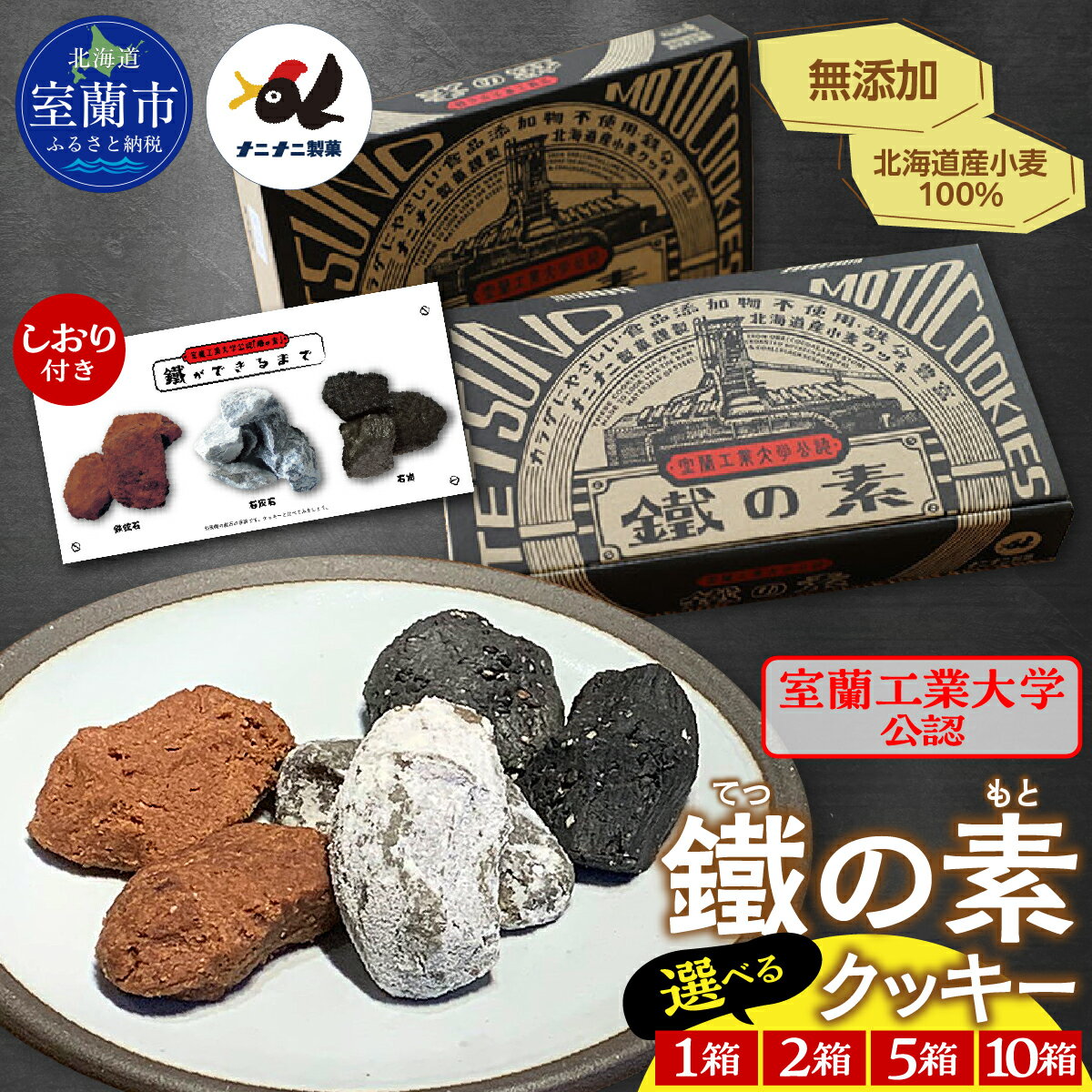 【ふるさと納税】室蘭工業大学公認「鐵の素」クッキー （3種1袋×5袋 入）選べる容量：1箱・2箱・5箱・10箱入り【ふるさと納税 おすすめ 人気 ランキング クッキー 詰め合わせ セット 室蘭市 お菓子 おやつ 焼菓子 個包装 お土産 無添加 鉄分豊富 ギフトプレゼント】