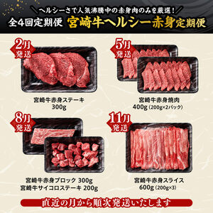 【定期便】宮崎牛　ヘルシー赤身定期便 4回定期便 【 肉 牛肉 国産 黒毛和牛 宮崎牛 全4回 焼肉 しゃぶしゃぶ 焼きしゃぶ BBQ 宮崎県 川南町 】