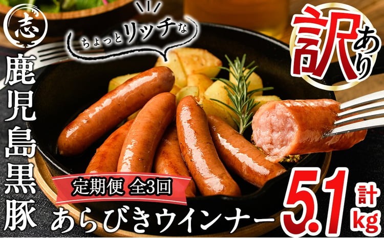 【定期便全3回】2ヶ月に1回お届け！訳あり・業務用！鹿児島黒豚あらびきウインナー計5.4kg（900g×2袋×3回）t