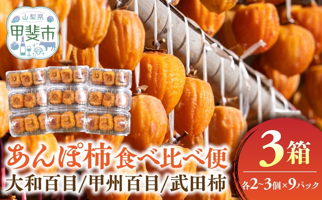 
            あんぽ柿 食べ比べ便 計3箱 大和百目 甲州百目 武田柿 柿 フルーツ 果物 ドライフルーツ 干し柿 山梨 あんぽ柿 和菓子 山梨県 甲斐市 AV-41
          