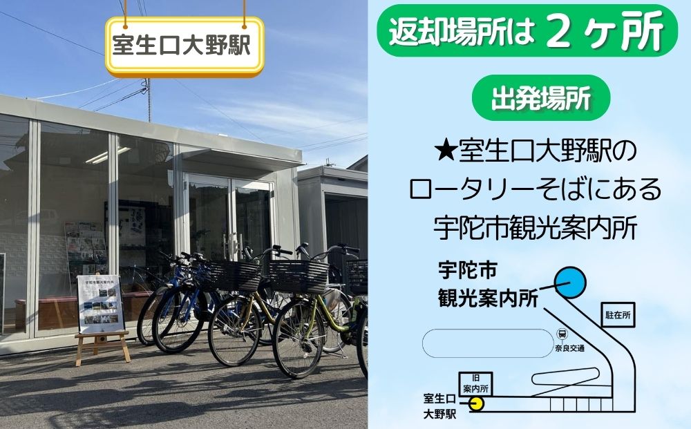 【室生口大野駅発】電動レンタサイクル1日利用券（9:00～17:00）選べるペア利用（2台）または高性能E-bike ／ ふるさと納税 宇陀 室生観光 電動自転車 観光 龍穴神社 アクセス サイクリン