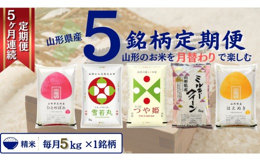 【定期便】 精米 5銘柄（ミルキークイーン はえぬき ひとめぼれ 雪若丸 つや姫）食べ比べセット 各5kg 5ヶ月連続下旬発送 計25kg（3月～7月）