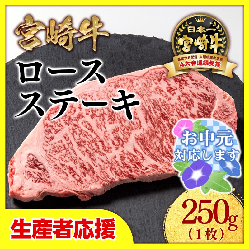 【お中元ギフト】【生産者応援】宮崎牛ロースステーキ1枚（250ｇ×1枚）　内閣総理大臣賞４連続受賞〈0.8-1〉