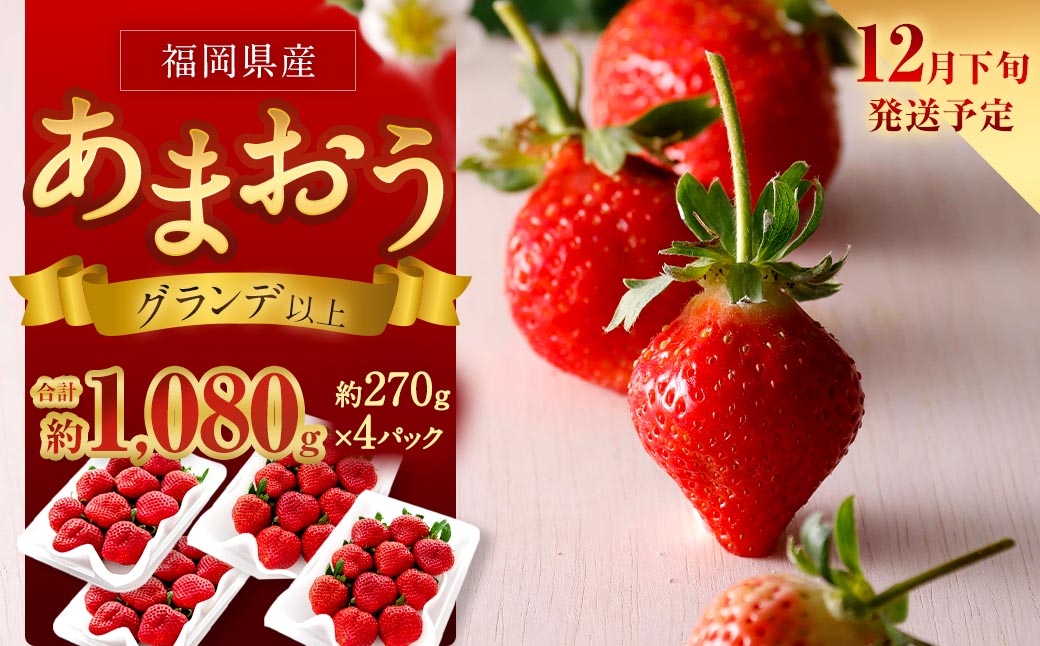 
                  福岡県産苺 「 あまおう 」 グランデ以上 270g × 4パック 計1,080g いちご イチゴ 苺 果物 くだもの 果実 フルーツ 果肉 いちごの王様 国産 福岡県産 【 2026年12月下旬発送予定 】
                