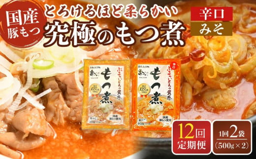 【定期便１２カ月】国産豚もつ使用！とろけるほど柔らかい究極のもつ煮 2種食べ比べセット もつ煮・辛口 もつ煮各1袋 各500g×計2袋