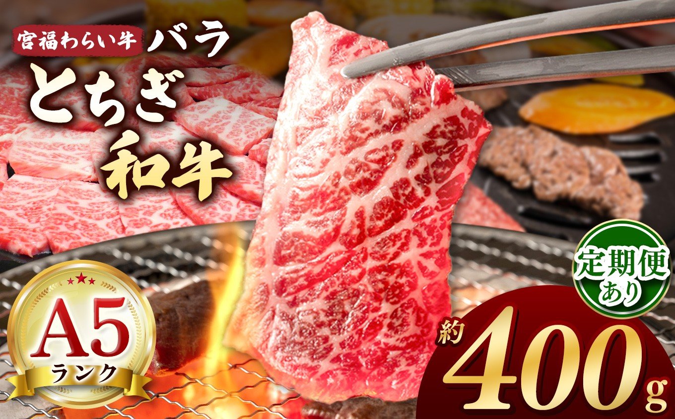 
            【栃木県共通返礼品】選べる定期便 宮福笑牛（とちぎ和牛）A5 バラ焼き肉 400g |  和牛 A5ランク バラ肉 焼肉 弾力 しっかり 美味しい 高級 ご褒美 肉 お肉 おにく にく ふるさと 納税 送料無料 那珂川町 栃木県
          