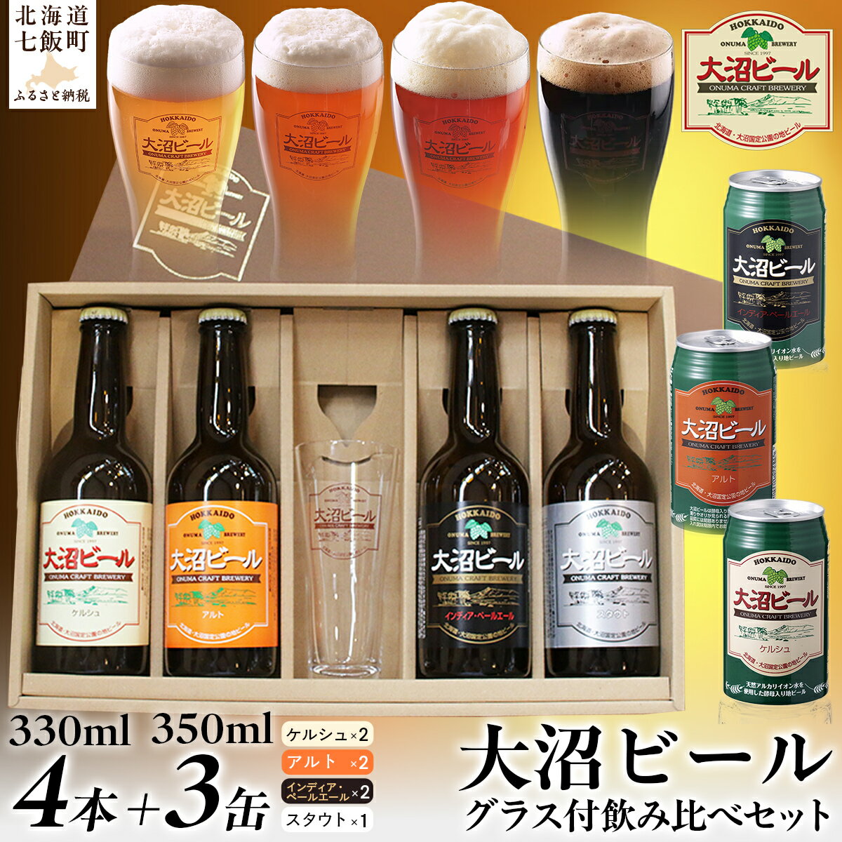 【ふるさと納税】大沼ビールグラスセット (330ml4種各1本＋グラス＋350ml3種各1缶) 飲み比べ 大沼ビール アルカリイオン水 ビール 麦酒 お酒 麦芽 ホップ ギフト セット アルコール 飲み比べ NAH009