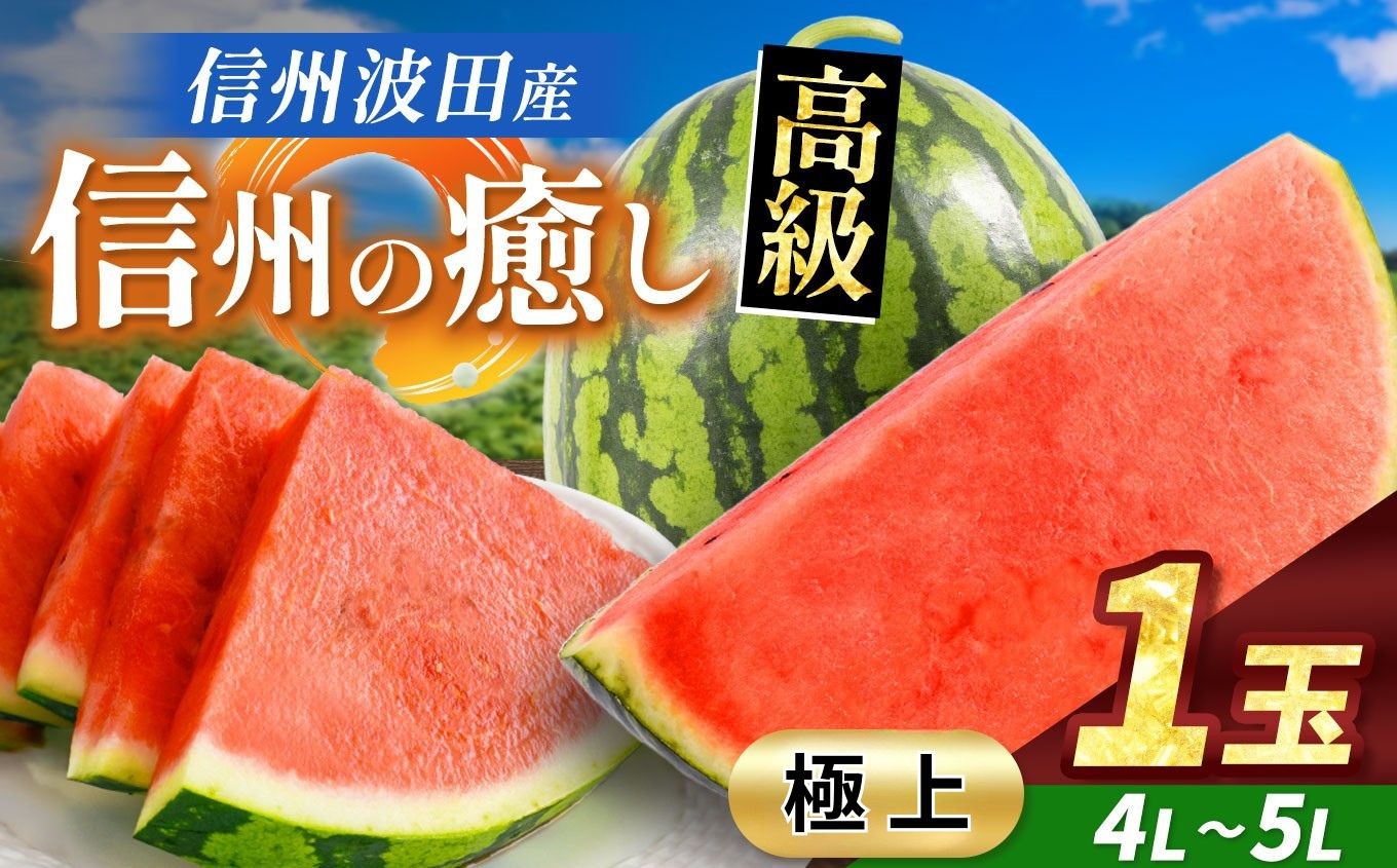 
                  【先行受付】信州波田産 贈答用 高級スイカ！ 信州の癒し 【極上】 4L～5Lサイズ 1玉｜ふるさと納税 長野県 信州 松本 果物 フルーツ すいか スイカ 西瓜 新鮮 大きい 特別 贈答 季節限定 甘い くだもの ふるーつ
                