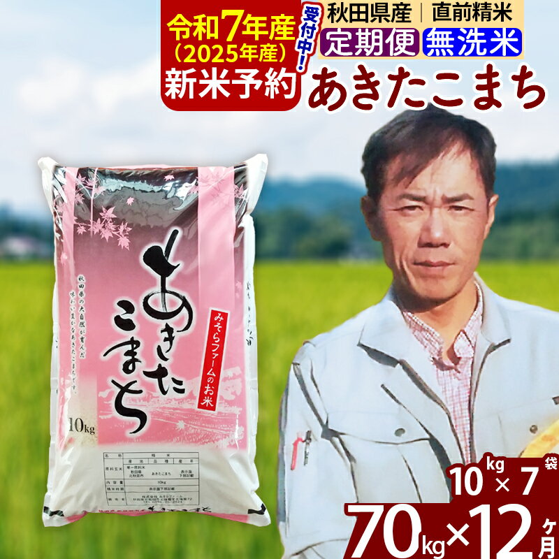 【ふるさと納税】※令和7年産 新米予約※《定期便12ヶ月》秋田県産 あきたこまち 70kg【無洗米】(10kg袋) 2025年産 お届け周期調整可能 隔月に調整OK お米 みそらファーム