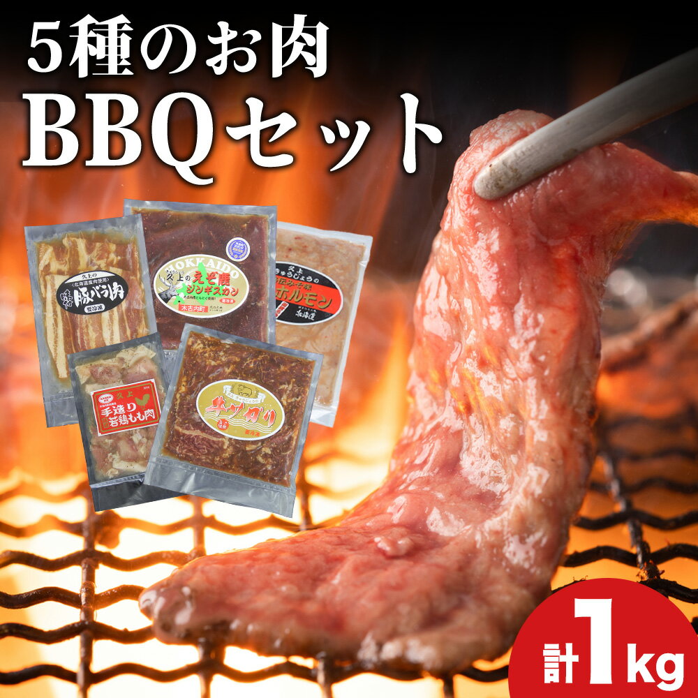 【ふるさと納税】5種のお肉 BBQセット 牛 豚 鶏 鹿肉 3人前 1kg 焼肉 お肉 牛肉 焼肉 バーベキュー 肉の加工品 味付き 鹿肉 ジビエ ホルモン みそホルモン 若鶏 もも肉 豚バラ 牛サガリ 北海道ふるさと納税 木古内町 ふるさと納税 北海道