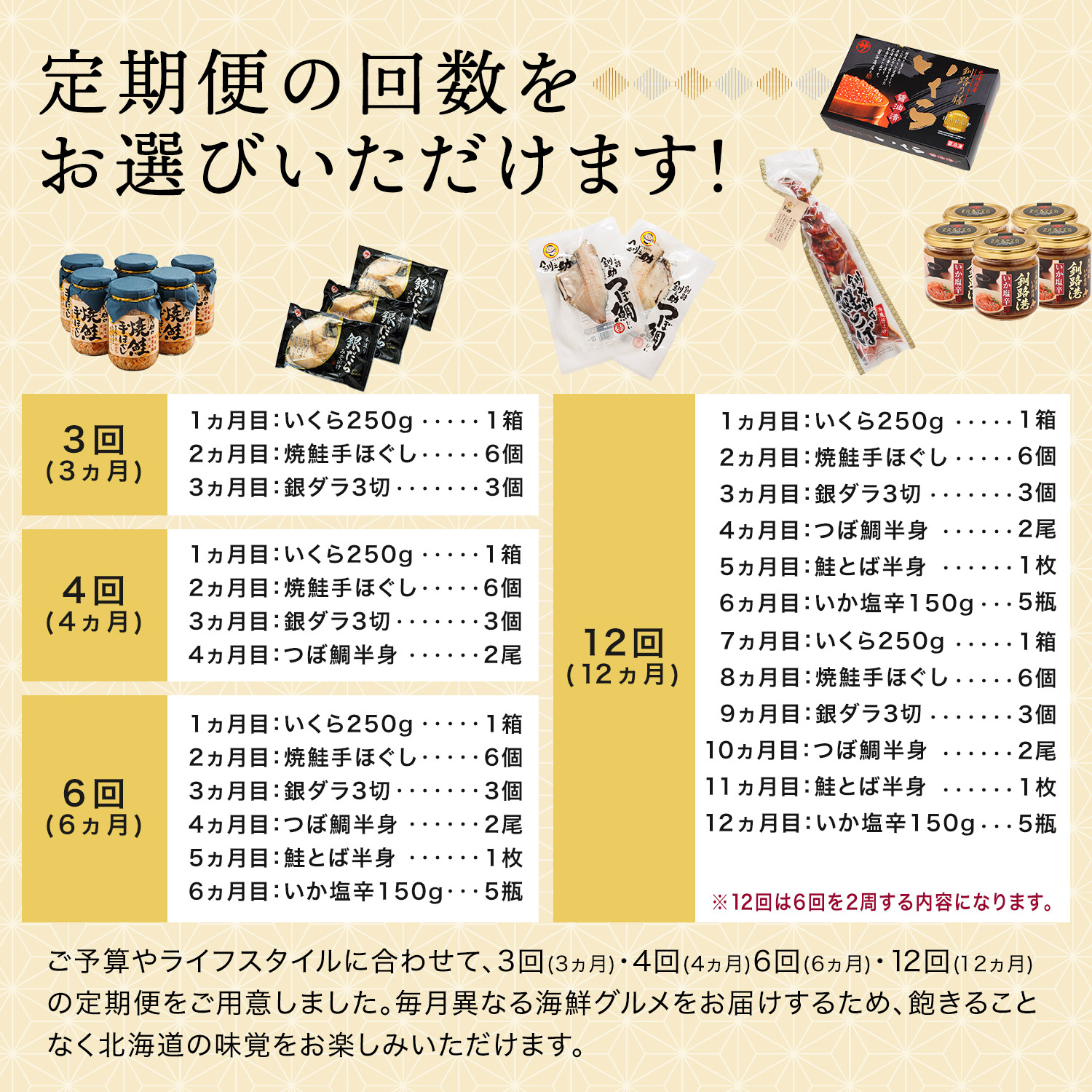 釧之助こだわりの海鮮6選｜12ヶ月連続お届け定期便（全12回）いくら 醤油漬け 小分け ホタテ 銀だら つぼ鯛 鮭 サケ 手ほぐし 鮭とば いか塩辛 冷凍 定期便 定期 北海道 釧路町 釧路超 特産品