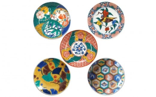 九谷焼　麗和皿3寸　花鳥風月シリーズ5枚　Bセット（いちょう）