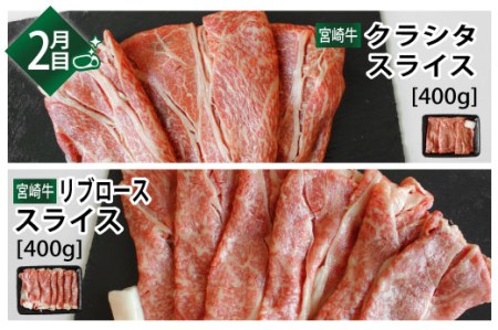 【定期便】宮崎牛 しゃぶしゃぶ すきやき 食べ比べ 定期便 3ヶ月コース 合計2.4kg バラ スライス ウデ クラシタ リブロース モモ 三角バラ 焼きしゃぶ 牛肉 肉巻き サラダ 冷凍 予約 牛肉