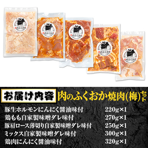 【A79012】肉のふくおか 焼肉セット(梅) (全5種類・計約1.36kg) 鹿児島 国産 豚 ホルモン お肉 味付け おかず 味付け 味噌 みそ 味噌ダレ たれ漬け 肩ロース 薄切り 焼き肉 バー