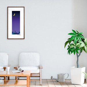 【絵画】 和紙アート 「街と月(紫)」 額装サイズ 300mmx600mm 阿波紙 【 アート インテリア 現代版画 】
