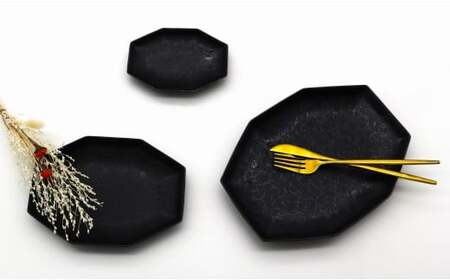 A25-335 有田焼 食材の彩りを引き立てる上品な黒 / 長八角皿SMLセット 深海三龍堂 食器 おしゃれ 黒い器 黒い皿 ワンプレート 角皿 金善