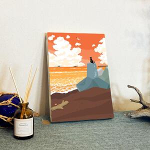湘南・茅ヶ崎で描く、海を感じるイラストアート 『 湘南ランドスケープ09：夕暮れのサザンビーチ 』　キャンバスアートパネル（小）/絵画 風景 犬 猫