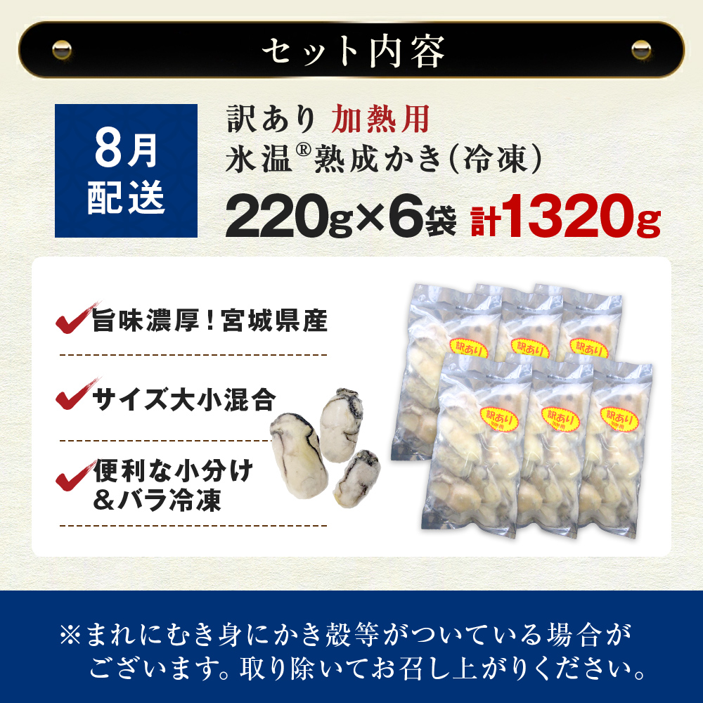 【8月配送】牡蠣 訳あり 氷温熟成 冷凍 （加熱用・サイズ不揃い） 220ｇ × 6パック 牡蠣 カキ まるたか水産