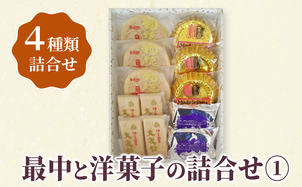 最中と洋菓子の詰合せ(神徳の最中・大友公・マドレーヌ・フルーツケーキ) もなか 最中 粒あん こし餡 マドレーヌ フルーツケーキ 洋菓子 和菓子 茶菓子 詰め合わせ ギフト 大分県産 九州産 津久見市