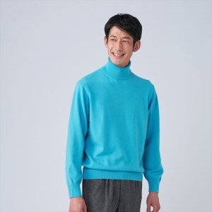 日本製 カシミヤ100% タートルネック ターコイズブルー 2Lサイズ [2660]