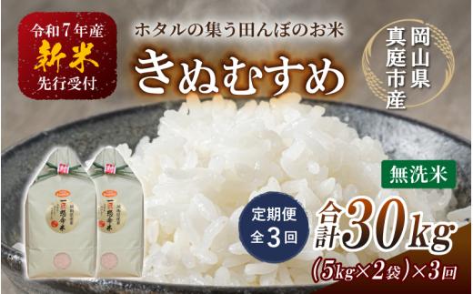 【令和7年産先行予約】＜定期便 全３回＞令和７年新米 真庭市産きぬむすめ 無洗米 １０kg(5kg×2袋)×３回(定期便) / お米 国産 岡山県 真庭市 無洗米 米 きぬむすめ キヌムスメ 人気 ブランド米 新米 先行予約 定期便 令和7年産 2025年産