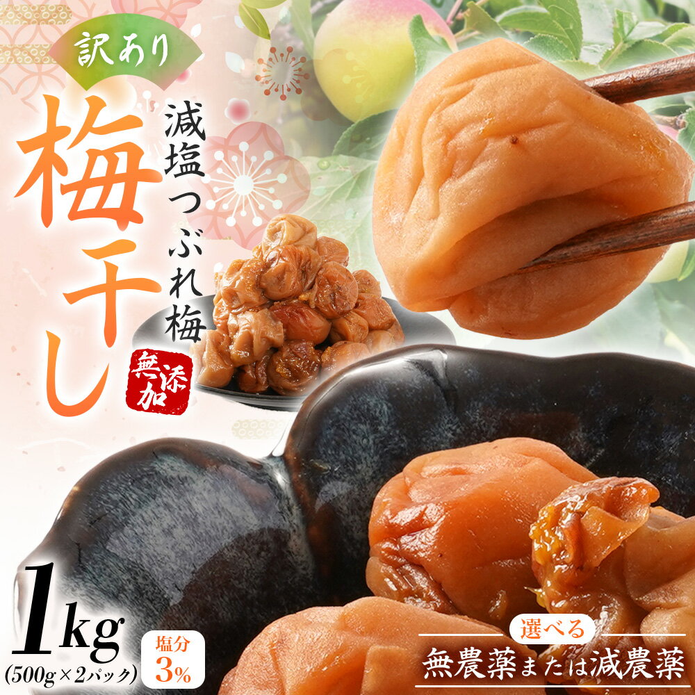 【ふるさと納税】 梅干し 無農薬または減農薬 無添加の訳あり減塩つぶれ梅1kg（500×2）塩分3％ / ワケあり 訳あり つぶれ つぶれ梅 中粒 梅干 うめぼし 南高梅 減塩 塩分控えめ りんご酢 小分け 家庭用 ご家庭用 普段使い おにぎり お弁当 ご飯のおとも 和歌山 みなべ町