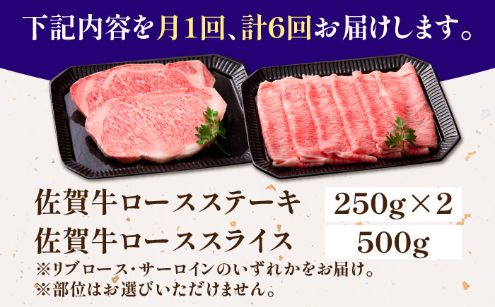 【全6回定期便】佐賀牛 ロース ステーキ・スライス定期（ステーキ 250g×2・スライス 500g）【肉の三栄】 [HAA049]