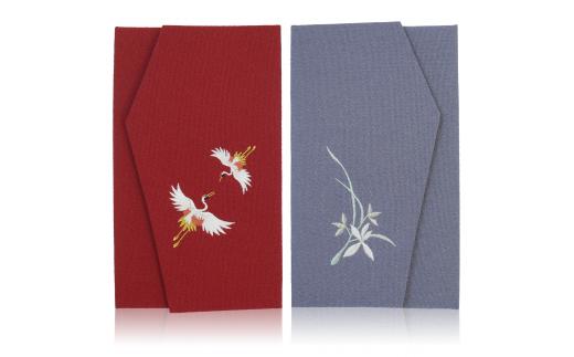 A312　慶弔刺繍ふくさセット（夫婦鶴）えんじ/グレー(左開き）