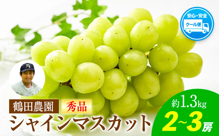 【秀品】先行予約 シャインマスカット 約1.3kg (2~3房)  フルーツ 果物 送料無料 葡萄 ぶどう マスカット  鶴田農園 熊本県荒尾市産《8月下旬-9月下旬頃出荷》 美味しいシャインマスカット 旬のシャインマスカット ジューシーシャインマスカット フルーツシャインマスカット