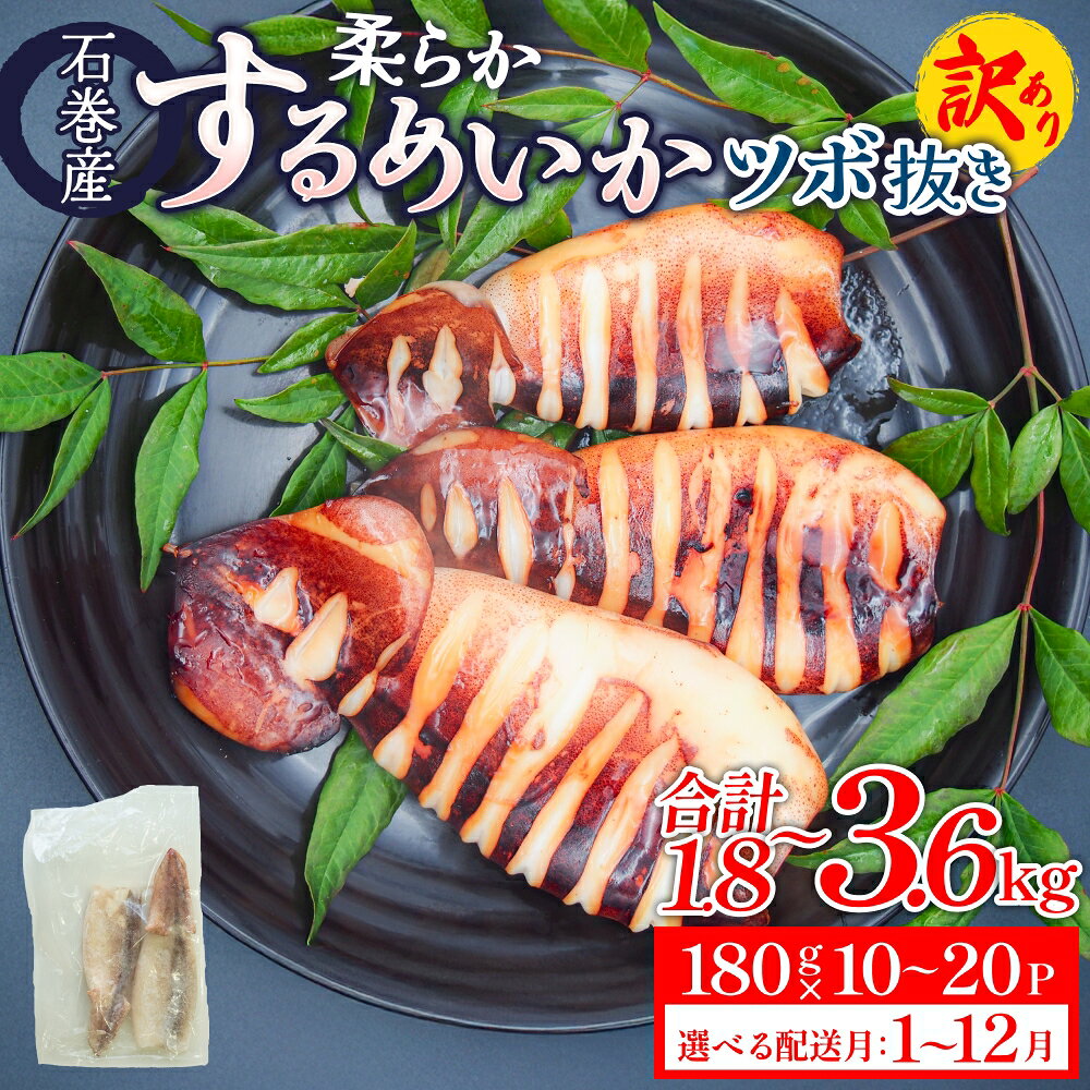 【ふるさと納税】 訳あり 【 量 / 配送月 （ 1月 - 12月 ）が 選べる 】 石巻産 柔らか するめいか ツボ抜き 180g × 10P or 20P スルメイカ いか イカ 不揃い 小分け 下処理済み 時短調理 冷凍 海鮮 魚介 おかず おつまみ 煮物 焼きイカ BBQ バーベキュー 宮城県 石巻市