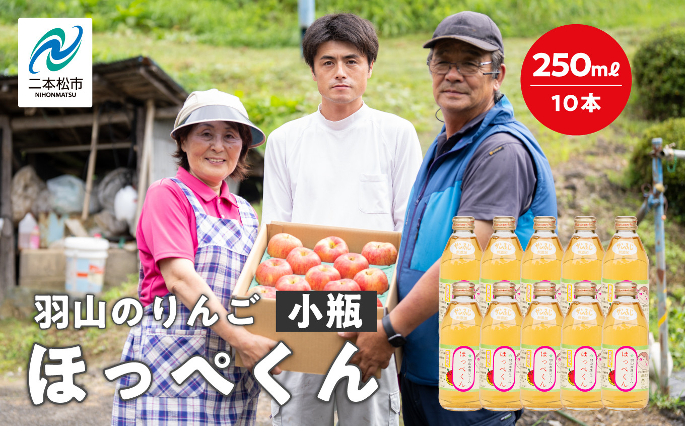 
                  羽山のりんご ほっぺくん 小瓶（250ml）10本入り りんごジュース 果汁100％ 国産 ストレート アップル 無添加 リンゴジュース おすすめ お中元 お歳暮 ギフト 二本松市 ふくしま 福島県 送料無料【羽山果樹組合】
                