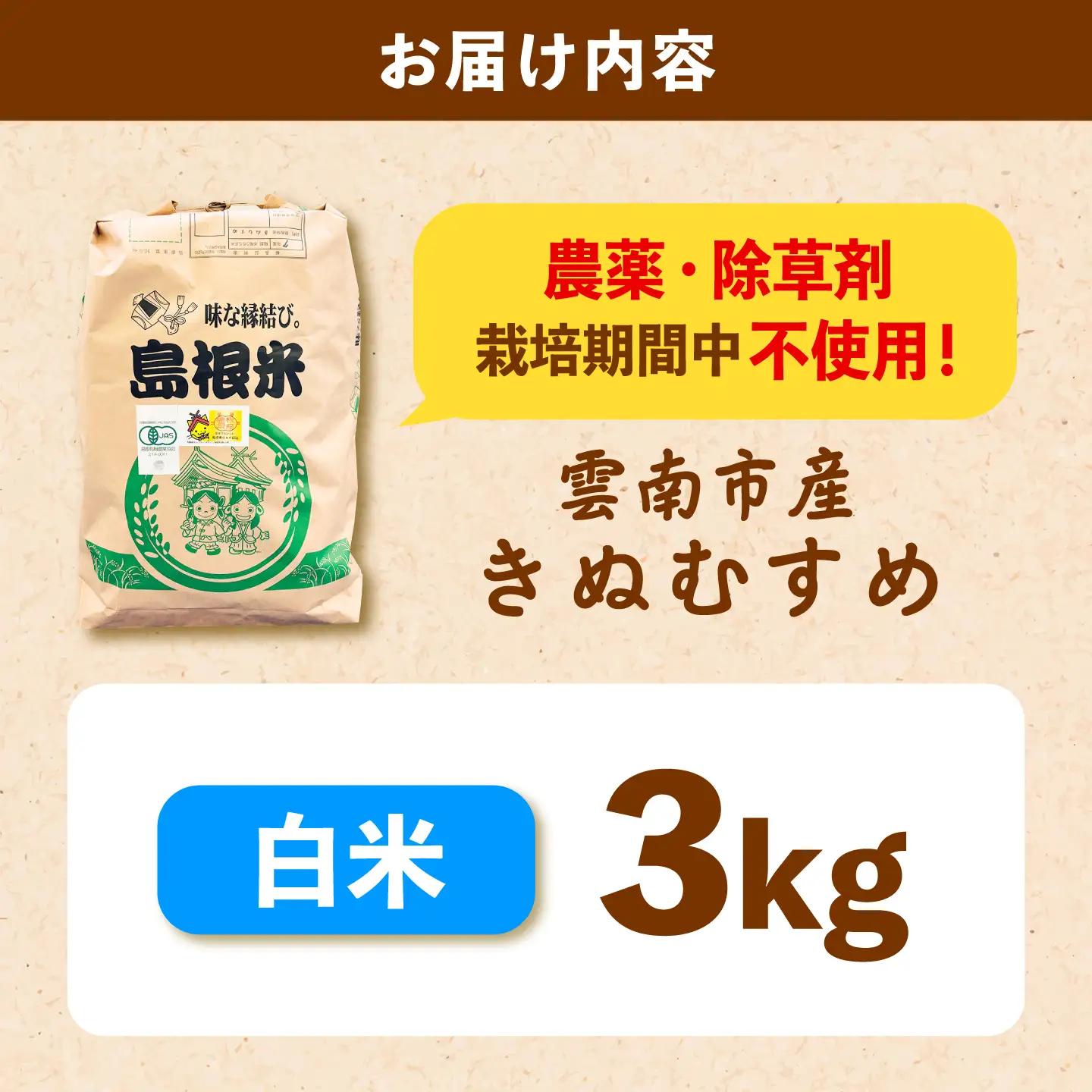 【有機JAS認定】令和7年産 白米 雲南市産きぬむすめ 3kg 島根県雲南市/佐藤ファーム ｜精米 コメ 有機栽培 完全無農薬 美味しまね認証[AIEO001]