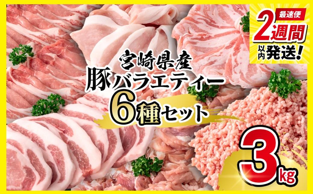 【2週間以内発送】宮崎県産豚肉 6種 バラエティ3kgセット＜58-40a＞小分け スライス 鍋 トンカツ 餃子等