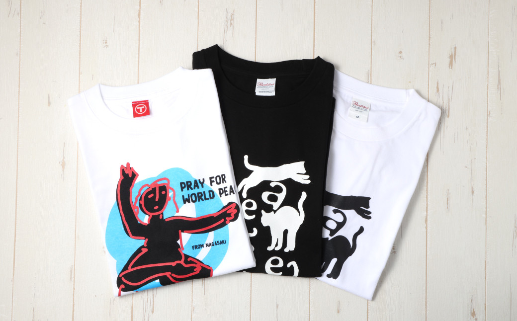 
            長崎から平和を！ピースなTシャツ・PEACEな ねこTシャツ（黒・白） Tシャツ 計3枚 セット ／ シャツ 服 衣類 長崎県 長崎市
          