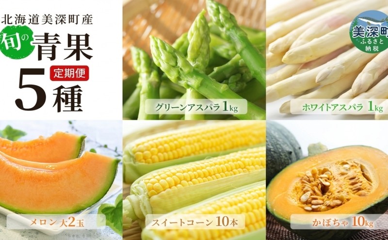 
                  【2026年発送】美深の旬の青果 5種定期便（ホワイトアスパラ グリーンアスパラ メロン とうもろこし かぼちゃ） 北海道 野菜 フルーツ 果物 アスパラ メロン コーン 南瓜 かぼちゃ 定期便 旬 [№5894-0655]
                