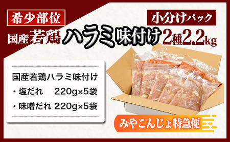 【希少部位】国産若鶏ハラミ味付け2種2.2kg 小分けパック!≪みやこんじょ特急便≫_12-L602-Q_(都城市)  若鶏 ハラミ 味付け 塩だれ 味噌だれ 小分けパック 焼くだけ 簡単 調理