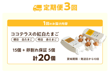 【3ヵ月定期便】ココテラスの紅白たまご　15個 + 5個保証（計20個）【JGAP認証】 農家直送 新鮮 卵 タマゴ 赤卵 白卵 玉子 鶏卵 朝食 夕食 夜食 朝ごはん たまご焼き だし巻き卵 オムレ