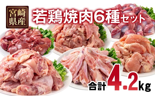 宮崎県産若鶏 6種 4.2kg 小分け もも肉  砂肝 手羽中ハーフ等々6種 小分け 15パック＜1.8-32＞とり肉 国産 真空パック 切身 切り身モモ肉 肝 レバー 砂肝 せせり チキンスティック 肩肉