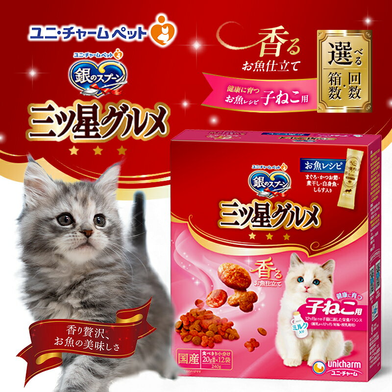 【ふるさと納税】銀のスプーン三ツ星グルメ 香るお魚仕立て健康に育つ子ねこ用 お魚レシピ 240g 選べる箱数・回数(7箱/14箱/1回/3回定期便) ペットフード キャットフード 猫のごはん 猫用フード 猫 ペット 小分け 個包装 ドライ ユニ・チャーム ペット