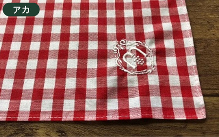 播州織　綿ギンガム　刺繍ハンカチ アカ