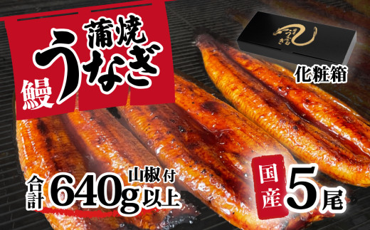 【化粧箱入り】【 訳アリ 】 国産うなぎ 蒲焼き 5尾 セット ( 640g 以上) 大きさ の不揃い 山椒付き ウナギ 鰻 ふぞろい 不揃い うな重 ひつまぶし 人気 茨城 八千代町 ふるさと納税 冷凍