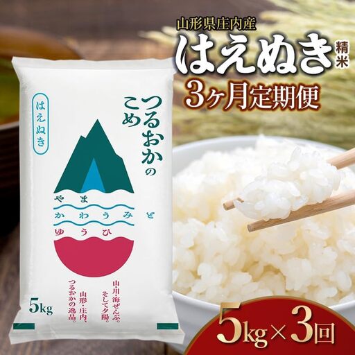 【令和7年産】【3ヶ月定期便】はえぬき 精米 5kg×3回 計15kg 山形県 庄内産　米食味鑑定士お薦め　| 5キロ 定期便 白米 精米 美味しい お米 米 コメ こめ ブランド米 ご飯 ごはん 鶴岡市 東北 国産 納税 返礼品
